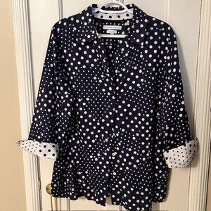 FOXCROFT NAVY BLUE & WHITE POLKA DOTTED 3-QUARTER SLEEVE SHIRT, 16W, GENTLY USED